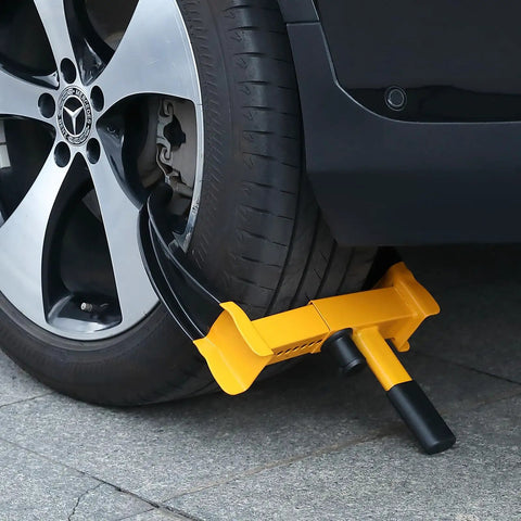 Universal Wheel Clamp Lock Set, Adjustable Anti Theft Tire Lock For ATV, SUV, Car, Golf Cart, Boat, And Motorcycle, installed on car wheel