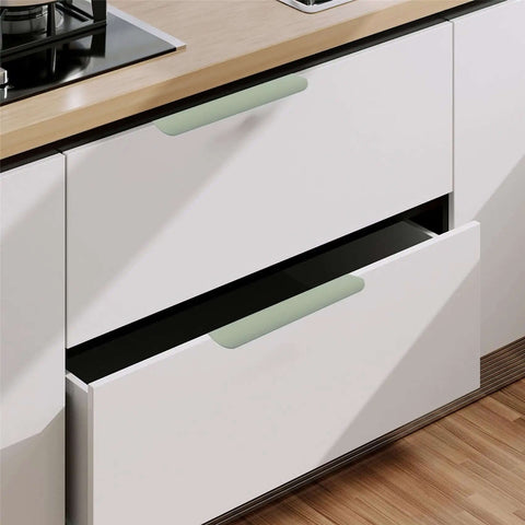 Close-up of drawer with Six Pack Finger Edge Cabinet Pulls, Concealed Modern Hidden Drawer Handles With 200mm Total Length And 160mm Center Spacing