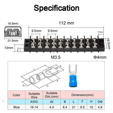 Beefed Up Heavy Duty Terminal Block Kit 2 Pack 10 Positions 200V To 450V 20 To 30A Dual Row Screw Terminals specifications