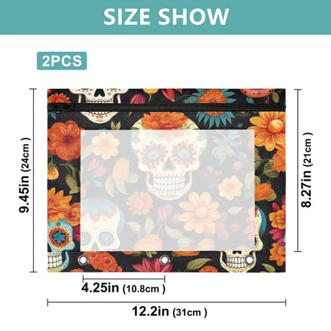 Zippered Gothic Skull Design Coupon Organizer for 3 Ring Binders with floral accents and size dimensions