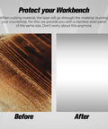 Creality honeycomb laser bed, two-panel comparison: left wood-grain surface (before), right aluminum panel (after).