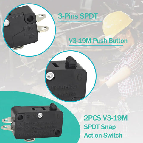Top Shelf Solid 2 Pack V3-19M Snap Action Switch Replacement Microswitch With Round Pin Plunger Actuator SPDT 15 Amp 125 Volt AC, features 3-pins.