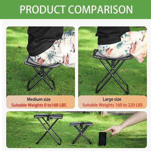 Ultralight Collapsible Stool For Camping And Travel Grab And Go Portable Chair Handbag Style Pocket Foldable Seat For Fishing Hiking And Outdoor Adventures Durable Gray Carbon Steel Build With Stable Foot Pads, comparison of medium and large sizes for different weights.