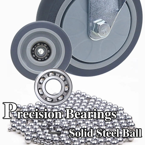 Close-up of precision bearings and smooth operator 4 inch swivel casters with TPR rubber glides for furniture rolls.