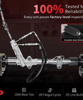 Hydraulic Power Steering Rack and Pinion Assembly For Toyota Camry 2002 2006 Solara 2004 2008 Lexus ES300 2002 2003 ES330 2004 2006 Ref 26 2606 Left Hand Drive Only, shown in testing machine with hydraulic lines connected.