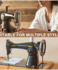 Two Treadle Sewing Machine Belts With 30 Piece Accessories Kit For DIYers And Crafters Including Bobbins Needles Threaders Hemming Clips Awl Scissors And More. vintage belt-driven sewing machine with accessories