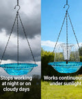 Solar Hanging Bird Bath Fountain With 5 Spray Heads Bubbler 9.4 Inch Blue Plastic Bowl On Metal Chain 16.4 Ft Cord outdoors