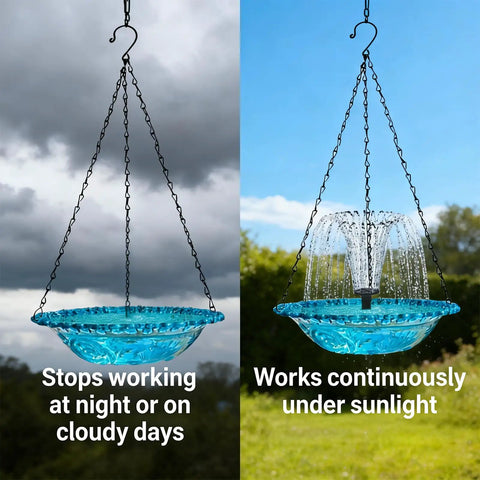 Solar Hanging Bird Bath Fountain With 5 Spray Heads Bubbler 9.4 Inch Blue Plastic Bowl On Metal Chain 16.4 Ft Cord outdoors