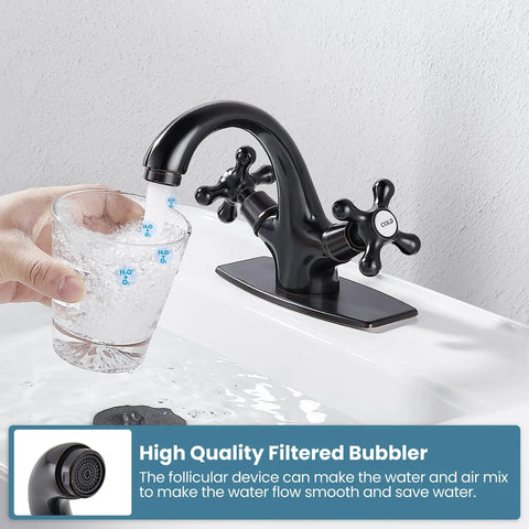 Person filling glass with water from Old School Oil Rubbed Bronze Bathroom Sink Faucet With Single Hole, Double Cross Handles.