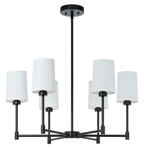 6 Light Chandelier With Fabric Shade In Matte Black Finish Modern Pendant Lighting For Living Room And Dining Room Adjustable Thin Bar Arms Sleek Indoor Ceiling Fixture For Your Space featuring six white fabric shades and adjustable arms