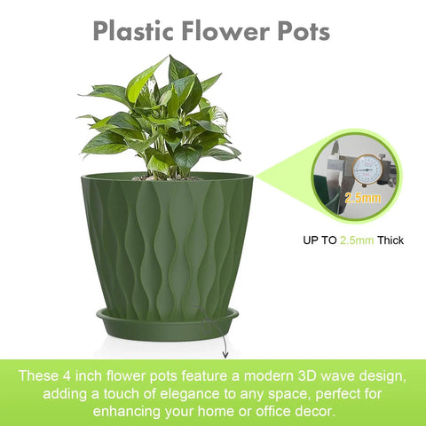 4 Inch Small Plastic Nursery Pots Set Of Five With Drainage Holes And Saucers Water Ripples 3D Wave Design shown with plant