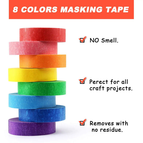 Eight Roll Rainbow Colored Masking Tape Set 0.6 Inch By 16 Yard Perfect For Crafting, Labeling, Scrapbooking, And Decor Projects