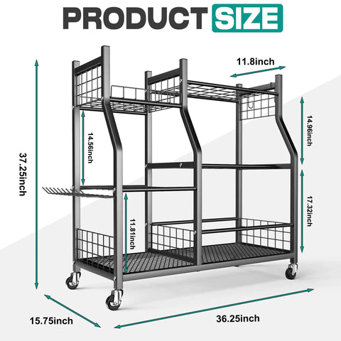 Heavy Duty Garden Tool Organizer Stand With Lockable Wheels Giant 36.25 Inch Long 15.75 Inch Wide 37.25 Inch Tall Storage Rack shown
