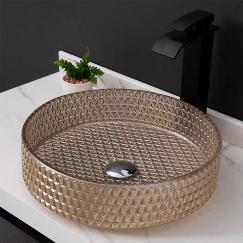 USZWBY Bathroom Vessel Sink, Tempered Glass Vessel Sink Artistic Vessel Sink Bowl, round design, 39.5CM size, counter top mount.
