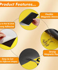 Adhesive Magnetic Sheets 12 By 16 Inches, 20 Mil Thick, showing peel-and-stick, flexible cutting, and strong magnetic features