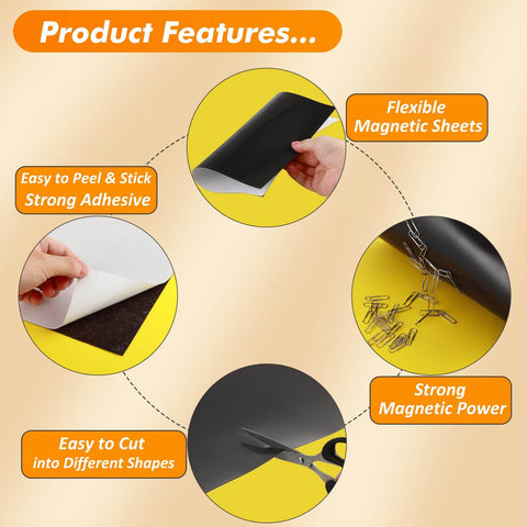 Adhesive Magnetic Sheets 12 By 16 Inches, 20 Mil Thick, showing peel-and-stick, flexible cutting, and strong magnetic features