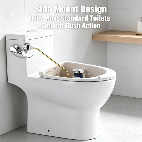 Smooth Side Mount Flush Handle Replacement Kit Crafted From Heavy Duty Zinc Alloy Copper Lever For Standard Toilets Upgrading Your Bathroom With Rust Resistant Trip Lvr Parts That Look Fresh And Perform Tough Without Getting Sticky Or Stuck Over Time. side-mount toilet tank lever on white toilet