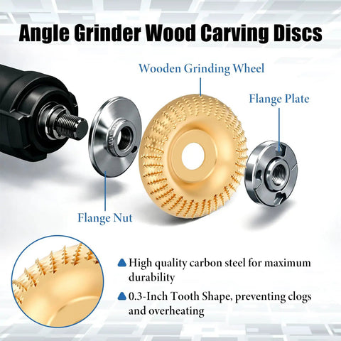 Wood Carving Disc Set For Angle Grinders, 14-Piece Kit with rotary burrs, shaping discs, flange nut, plate, and wooden grinding wheel.