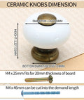 Image showing a Six Pack White Ceramic Drawer Knobs With Antique Bronze Point And Base Vintage Dresser Knobs Decorative Pull Handles For Closet And Cupboard Small Size, illustrating dimensions and screw sizes.