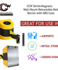 Magnetic Wall Mount Retractable Belt Barrier, 30 Foot Belt, Yellow ABS Case, with installation and usage suggestions for crowd control