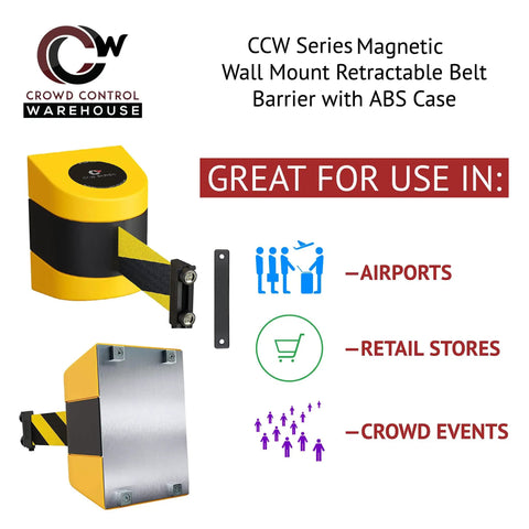 Magnetic Wall Mount Retractable Belt Barrier, 30 Foot Belt, Yellow ABS Case, with installation and usage suggestions for crowd control