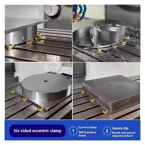 Heavy Duty CNC Eccentric Clamps M4 To M16 Hexagonal Fixture Stainless Steel Workholding Anchors With Nuts for Fast Rock Solid Clamping in CNC Machining Threaded for Industrial Use M4 Six Set in action on a CNC machine table.