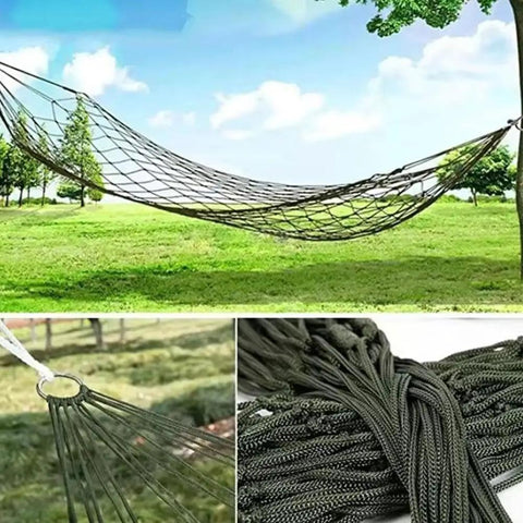 Army Green Outdoor Travel Hammock With Mesh Net Nylon Rope Construction hanging between trees in a grassy field.