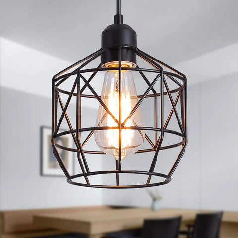 Industrial Pendant Light Fixture Black Basket Cage With E26 Base Rustic Farmhouse Ceiling Light in dining room setting
