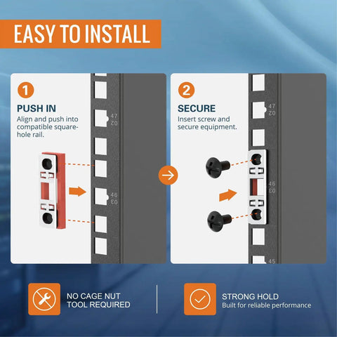 Step-by-step guide showing Tool Free Smart Push In Cage Nuts paired with 12 24 Rack Screws for easy installation in server racks.