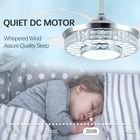 42 Inch Retractable Ceiling Fan With Bright Lights, Smooth App Controlled Crystal Chandelier above a sleeping child for peaceful airflow.