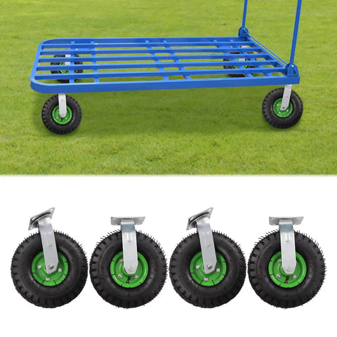10 Inch Swivel Pneumatic Casters, Set Of 4 Heavy Duty Air Tires Rubber Wheels, featuring green rubber wheels mounted on steel bracket.