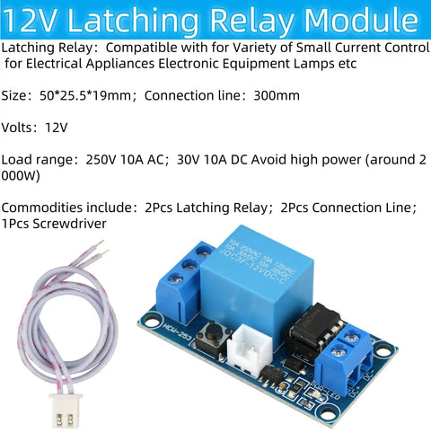 Two Pack 12V Latching Relay Modules For Home Automation And DIY Projects, 10A AC/10A DC Load, 250V Rating, 300mm Lead Wires, Compact 50x25.5x19mm Size, Ideal For Lamps, Appliances, Electronics And Small Motors, with blue PCB and wires
