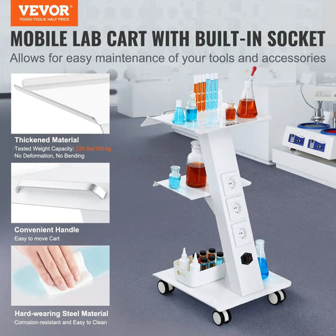 Rolling Lab Cart With Built In Socket 3 Tier Metal Trolley On Swivel Wheels, heavy duty organizer in a laboratory setting.
