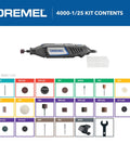 Top Notch Variable Speed Rotary Tool Kit With Badass One Point Six Amp Motor Dialing Up To Thirty Five Thousand Rpm For Precision Engraving Detail Sanding And Wood Carving Includes 25 Premium Accessories Get You Working Fast, showing tool and accessories in kit.