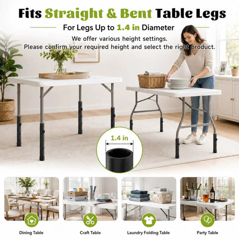 Heavy Duty Folding Table Leg Extenders With Four Level Adjustable Height Risers for tables with 1.4 inch legs in a sunny room.