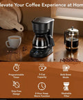 Compact 5 Cup Drip Coffee Maker on counter with features including programmable timer, reusable filter, and drip-free carafe.