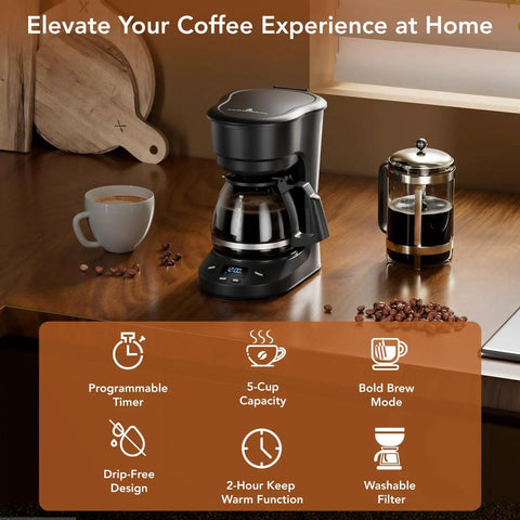 Compact 5 Cup Drip Coffee Maker on counter with features including programmable timer, reusable filter, and drip-free carafe.