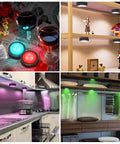 Color Changing LED Puck Lights With Remote Dimmable Under Cabinet Lights 4 Pack in various settings and colors in use.