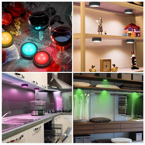 Color Changing LED Puck Lights With Remote Dimmable Under Cabinet Lights 4 Pack in various settings and colors in use.