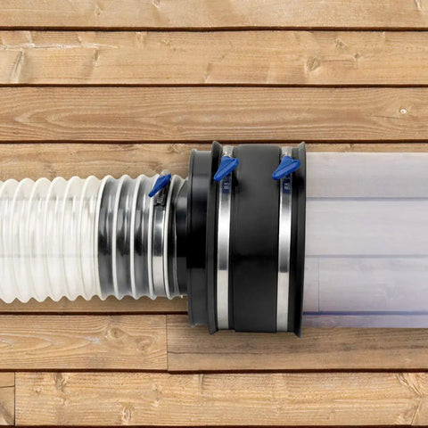 4 Inch Dust Control Flex Cuff With Adjustable Key Hose Clamps creating airtight seal between dust collection pipes on wooden wall