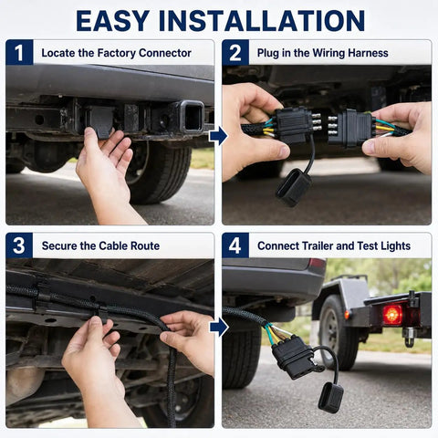 Installation guide for 24 Inch 18AWG 4 Pin Trailer Wire Extension and 4 Way Flat Wiring Harness features.