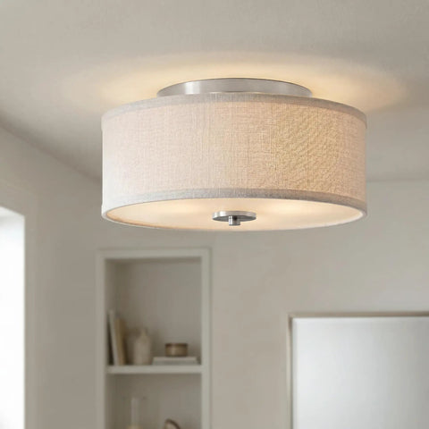 Two Light Flush Mount Ceiling Light With Summer Linen Shade In Brushed Nickel Finish For Kitchen Hallway And Interior Living Spaces Great For Baths, Bedrooms, And Entryways With A Clean, Modern Vibe