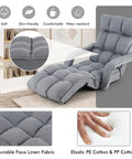 Foldable Floor Lazy Cozy Sofa Indoor Chaise Lounge With 6 Adjustable Backrest Positions And 8 Footrest Levels in grey fabric.