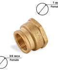 Reducing Coupling 3/4 Inch Female To 1 Inch Female NPT Thread Brass Fitting shows side view with female threads visible
