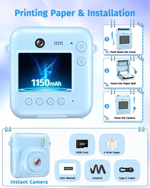 Back view of Dual Lens Instant Print Camera For Kids With 1080P Video And Zero Ink Printing Includes 32GB Card And Print Paper Blue
