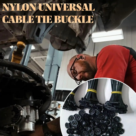 Mechanic using Universal Nylon Cable Tie Buckles For Cars And Home, Self-Locking Zip Ties displayed with packaged ties.