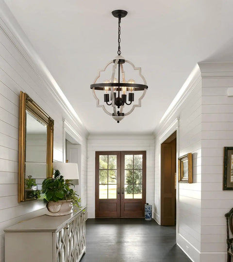 Rustic Farmhouse 4-Light Orb Pendant Chandelier in Oak Finish hanging in a stylish foyer, UL Listed