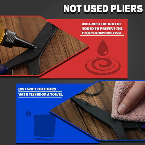 9 Inch Spring Loaded Angle Tip Locking Pliers For Retaining Rings shown with anti-rust oil and cleaning instructions.