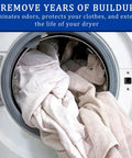 Open dryer with white towels, promoting Pro Grade Dryer Vent Cleaning Kit With Five Piece Set Flexible Hose Brush Lint Trap Tool.