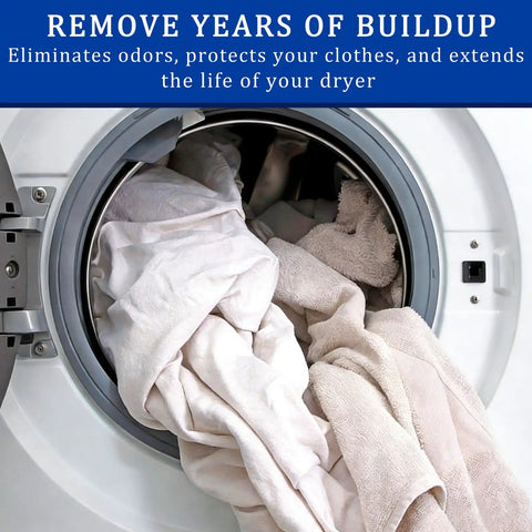 Open dryer with white towels, promoting Pro Grade Dryer Vent Cleaning Kit With Five Piece Set Flexible Hose Brush Lint Trap Tool.